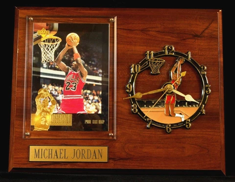 MICHAEL JORDAN WOODEN WALL CLOCK (WORKS!) FEATURING 1988 MVP UPPER DECK LRG CARD Cover