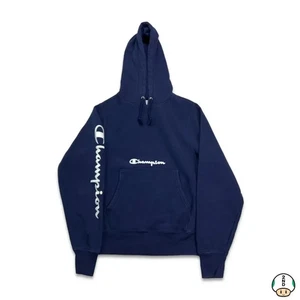 Champion Hoodie Mens Small Blue Reverse Weave Script Pullover Hood Sweatshirt - Picture 1 of 6