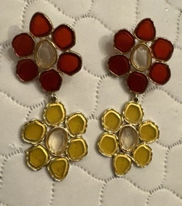 Free People Earrings Plique A Jour Stained Glass Flower Dangle Red Yellow 3” - Picture 1 of 2