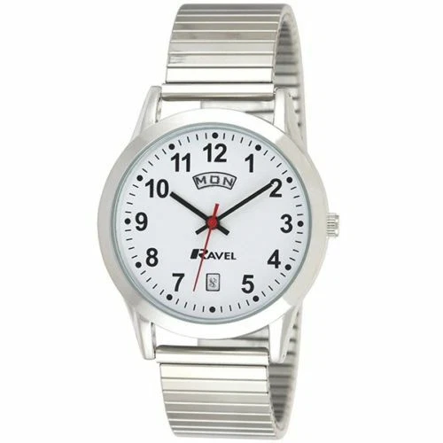 Ravel Mens Watch Silver Expander Expandable Strap Large Numbers Easy Read