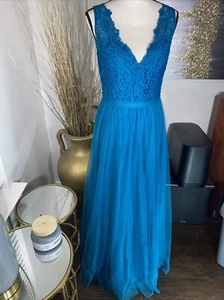 Watters and Watters Formal Gown Deep Teal Blue Mesh Aline Bridesmaid Dress 8 - Picture 1 of 12