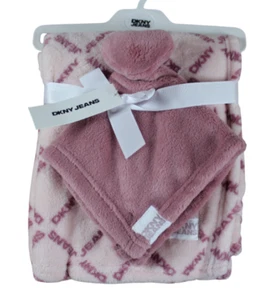 DKNY Jeans Baby Blanket Pink Fleece Heart Security Lovey Set Infant Girls NWT - Picture 1 of 5