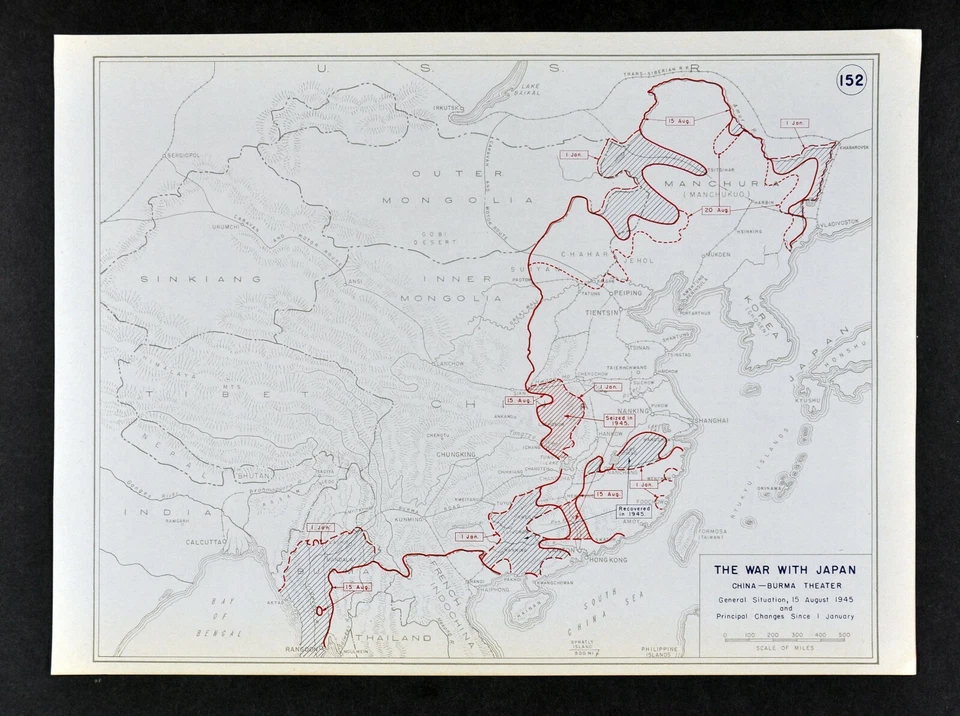 WWII Map 152 War with Japan Burma China Hong Kong Korea Theater August 1945 WW2 - Image 1 of 1