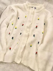 Vintage Children Girls Knitted White Floral Embroidered Cardigan Sweater - Picture 1 of 8