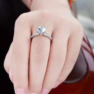 2 Ct Round Cut Real Moissanite Women's Halo Wedding Ring 14K White Gold Plated - Picture 1 of 6