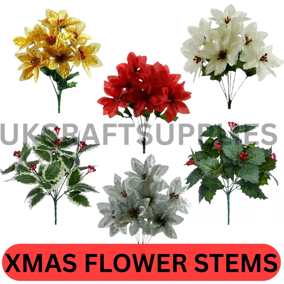 Artificial Poinsettia / Holly Bush Red White Gold Silver x 7 Stems Flower Xmas