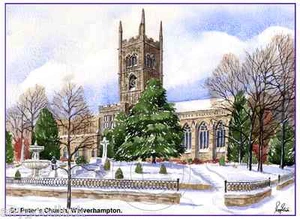 ST.PETER'S CHURCH IN WINTER WOLVERHAMPTON ARTISTS PRINT GREETINGS CARD 8"x 6" - Picture 1 of 1