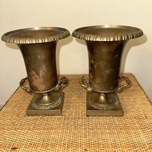 Vintage Brass Bombay Base Figural Face Handles 8” Set Of 2 Vase Bookends Goblets - Picture 1 of 15