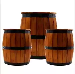 Barrel Table and 2 Stools Set - Garden Pub Bar Man Cave Den Chair Wooden Beer - Picture 1 of 7