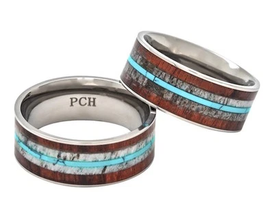Alianza de boda anillo de cuerno de ciervo turquesa madera de koa 9 mm titanio ajuste cómodo 7-15 Foto 1 de 3