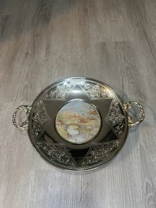 Vintage Silver Plated Serving Tray with Handles Ceramic Landscape Floral Border - Picture 1 of 4