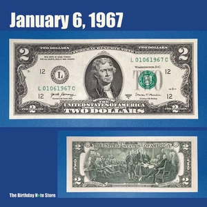 January 6, 1967 Birthday Anniversary $2 Two Dollar Bill Serial Number 01061967 - Picture 1 of 2