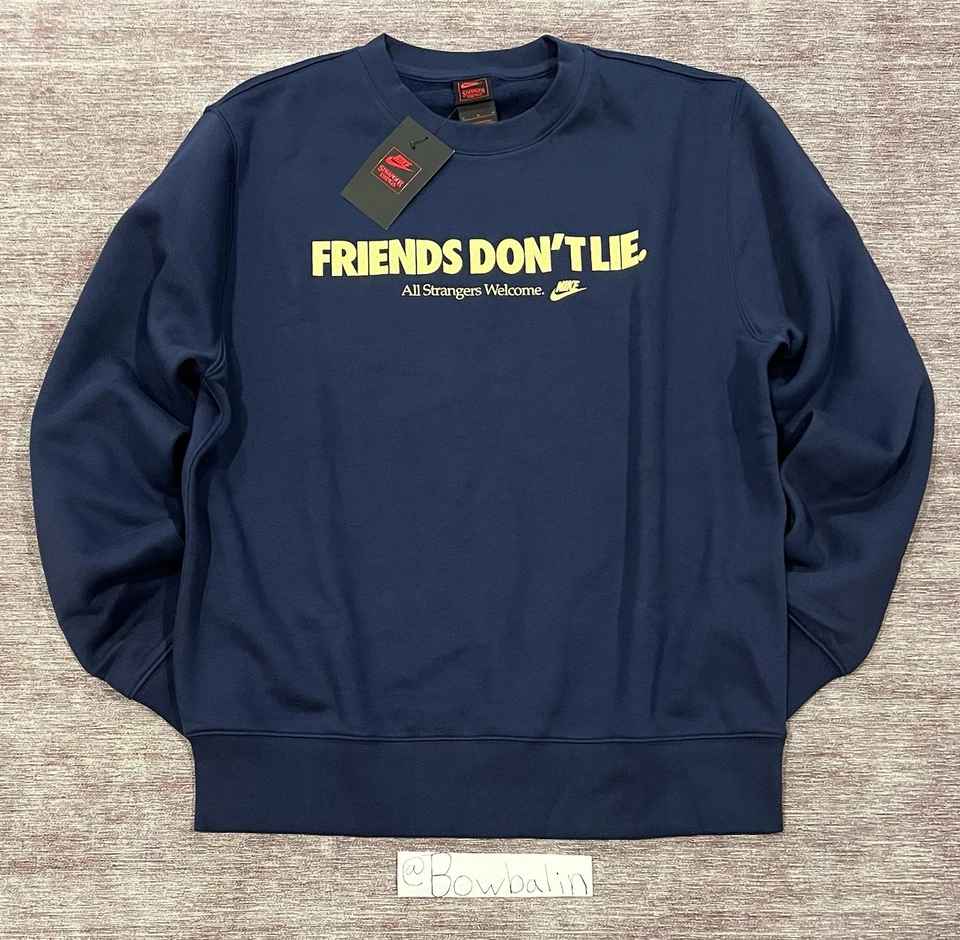 Large Stranger Things x Nike "Friends Don't Lie" Crewneck (IB5662-410) In Hand