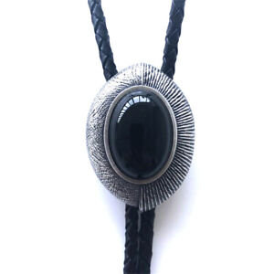 Nature Black Obsidian Stone Eye Shape Western Cowboy Leather Bolo Neck Tie