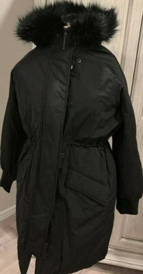 American Eagle AEO Black Fur Faux Hooded Long Parka Jacket Coat Women's size S - Image 1 of 2