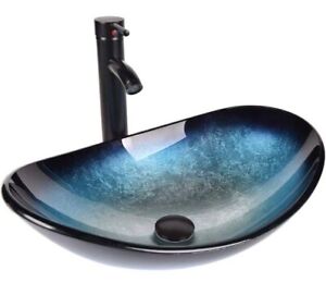ARTETHYS Tempered Glass Hand Painted Blue Oval Vessel Bathroom Sink with Faucet