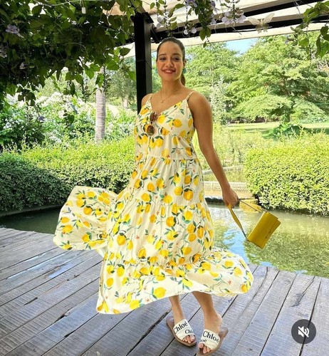 OFF WHITE Maxi abito estivo midi H&M 2024 bianco sporco stampa limone con spalline taglia XL 20 22