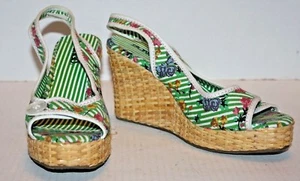 BONGO Green White Stripe Floral Open Toe Wedge Shoes Size 7.5M FREE Shipping! - Picture 1 of 7