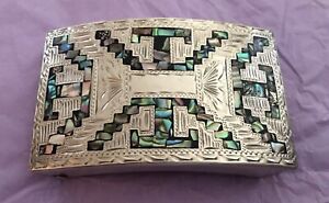 Vintage Signed EGO Mexico 925 Sterling Silver Colorful Abalone Inlay Belt Buckle