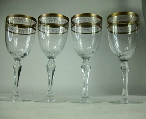 4 Vintage American Crystal Corp Hand Made 7" Wine Glasses Etched Gold Trim - Picture 1 of 10