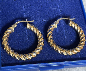 9ct Gold Twisted Hoop Earrings, 9k 375 2.0g 23mm Diam 2.3mm Width