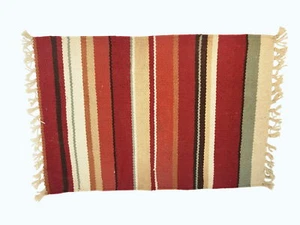 Pottery Barn 14x20 Woven Striped Cotton Table Runner/Placemat Red & Beige Tones - Picture 1 of 5