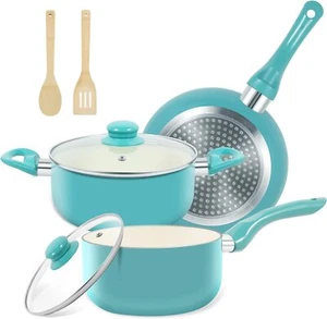 7-Piece Nonstick Ceramic Pots and Pans Set - Induction Compatible, Turquoise - Picture 1 of 3
