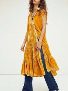 Unworn Free People Velvet Maxi Top Dress Duster XS Small Yellow Gold Oversized - Picture 1 of 12