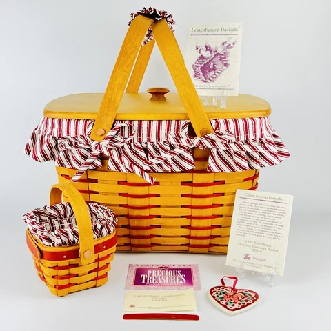 Longaberger 1995 Precious Treasures & Sweet Sentiments Baskets Combo, Lid, Liner Cover
