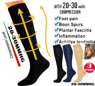 3 pares de calcetines de compresión de 20-30 mmHg hasta la rodilla hombres mujeres S/M-L/XL Foto 1 de 4