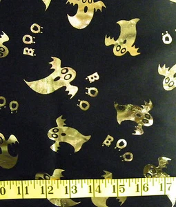 HALLOWEEN GOLD FOIL GHOSTS BOO ON BLACK 100% POLYESTER  FABRIC 44x42 INCHES - Picture 1 of 1
