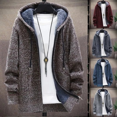 Herren dicke Fleece gefütterte Strickjacke mit Kapuze Winter Strick Sweatshirt - Bild 1 von 4