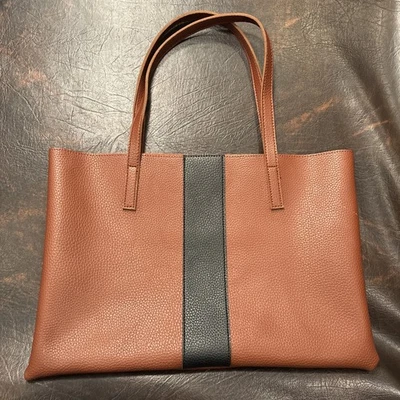 VINCE CAMUTO Tumbled Brown Vegan Leather Black Stripe Tote Bag Carryall -NWOT - Image 1 of 3