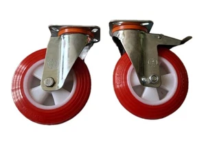 NEU EMES rot Polyurethan 150 x 40 schwenkbare & schwenkbare gebremste Räder (Paar) - Bild 1 von 7