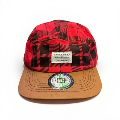 Maker Wear Mens Red Plaid Adjustable Leather Strapback Hat Cap 100% Cotton - Image 1 of 4