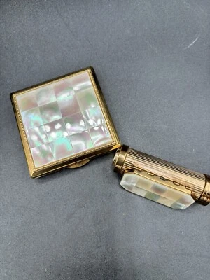 Ancien poudrier en nacre Corona Paris et tube rouge à lèvre 1950 - Photo 1/4