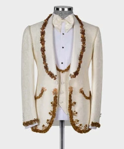 Luxury Gold Embroidered Jewelry Tuxedo Men Suits Set Wedding Party Banquet Suit - Picture 1 of 9