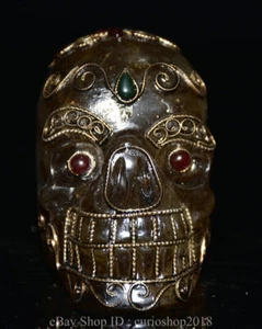 4.2 " Old Tibet Crystal Silver Inlay Gem Human Skeleton Skull Buddha Head Statue - Picture 1 of 10