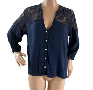 Hollister juniors long sleeve button up blue blouse lace design Size Large - Picture 1 of 4