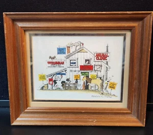 Veterinarian Colorful Ink Drawing Funny Gift Signed Mason Framed 8.5" x 7" - Picture 1 of 3