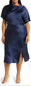 Abito Renee C raso spalle scoperte blu navy taglia 1x cocktail party matrimonio - Foto 1 di 9
