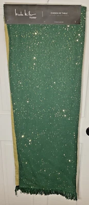 NICOLE MILLER  TABLE RUNNER GREEN GOLD SEQUIN FRINGE HOLIDAY  16 X 90  NWT - Image 1 of 3