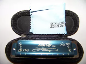 East Top 10 Hole Blues Harmonica T008K Diatonic Blue with Case & Box - Picture 1 of 7
