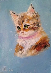 Painting "Cat". Oil on hardboard. 5x7 inc. Handmade. 2024. Unframed. - Picture 1 of 1