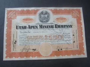 1924 - UTAH APEX MINING COMPANY - Stock Certificate - MAINE - Picture 1 of 1