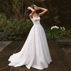 Elegant Pastoral Wedding Dresses A-Line Spaghetti Stain Square Collar Sleeveless - Picture 1 of 11