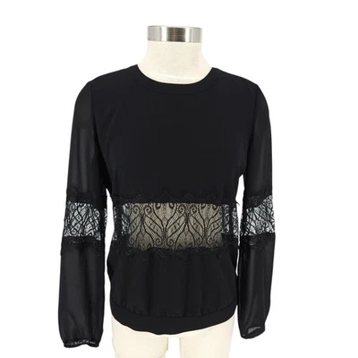 Blusa GUESS Negra Panel de Encaje Transparente Manga Larga Sexy Cerradura Trasera Top Para Mujer XS Foto 1 de 4