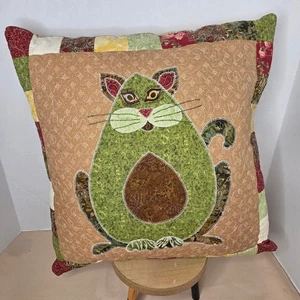 Quilted Cat Pillow Whimsical Avocado Kitty "Avocato" Patchwork Throw Pillow - Picture 1 of 8