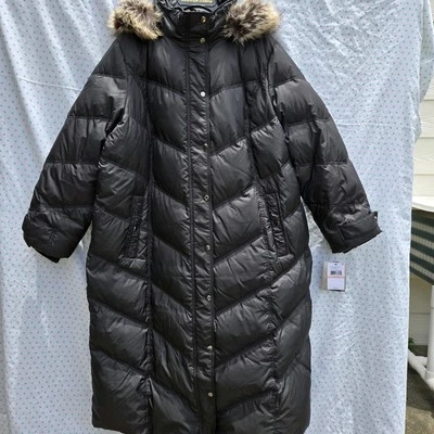 NWT London Fog Womens 2XL Full Length Down Quilted Puffer Jacket Faux Fur Hood - Image 1 of 4