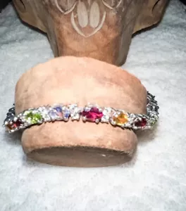 Sterling silver multi colored stone tennis bracelet - Picture 1 of 6
